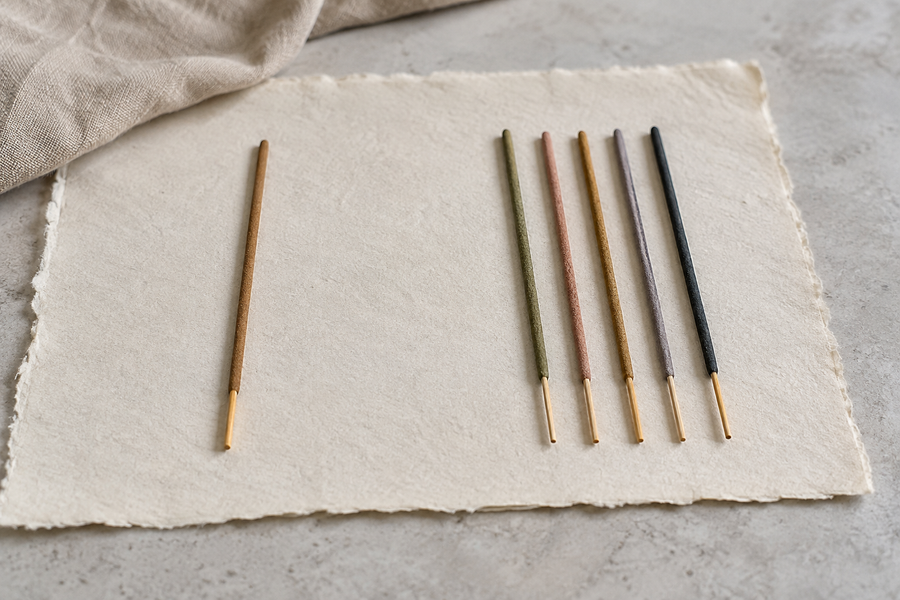 Five incense varieties arranged as a quiet StillSanctuary discovery study