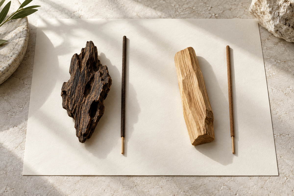 A restrained editorial comparison of agarwood and sandalwood incense materials