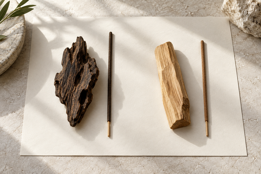 A restrained editorial comparison of agarwood and sandalwood incense materials