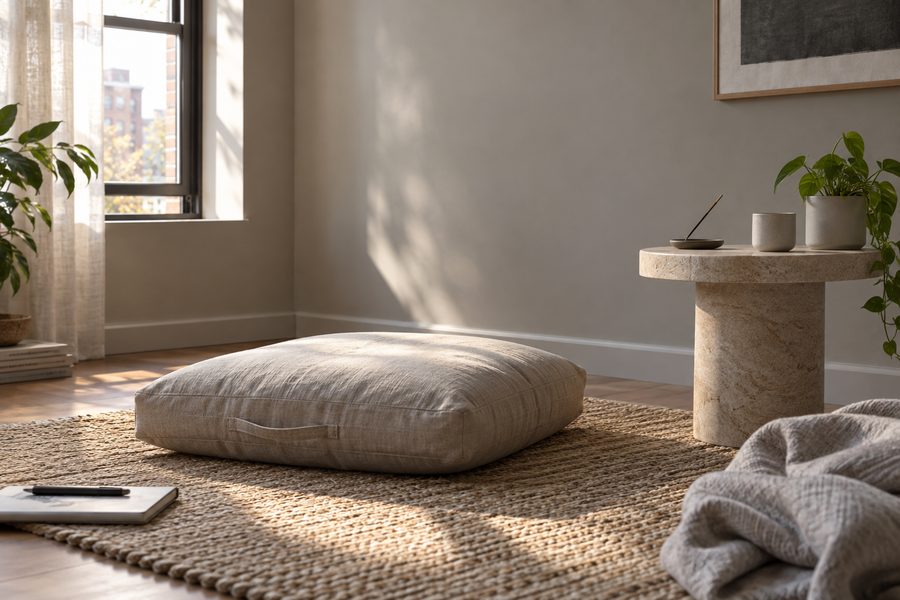 A quiet meditation space with incense presented as an optional cue