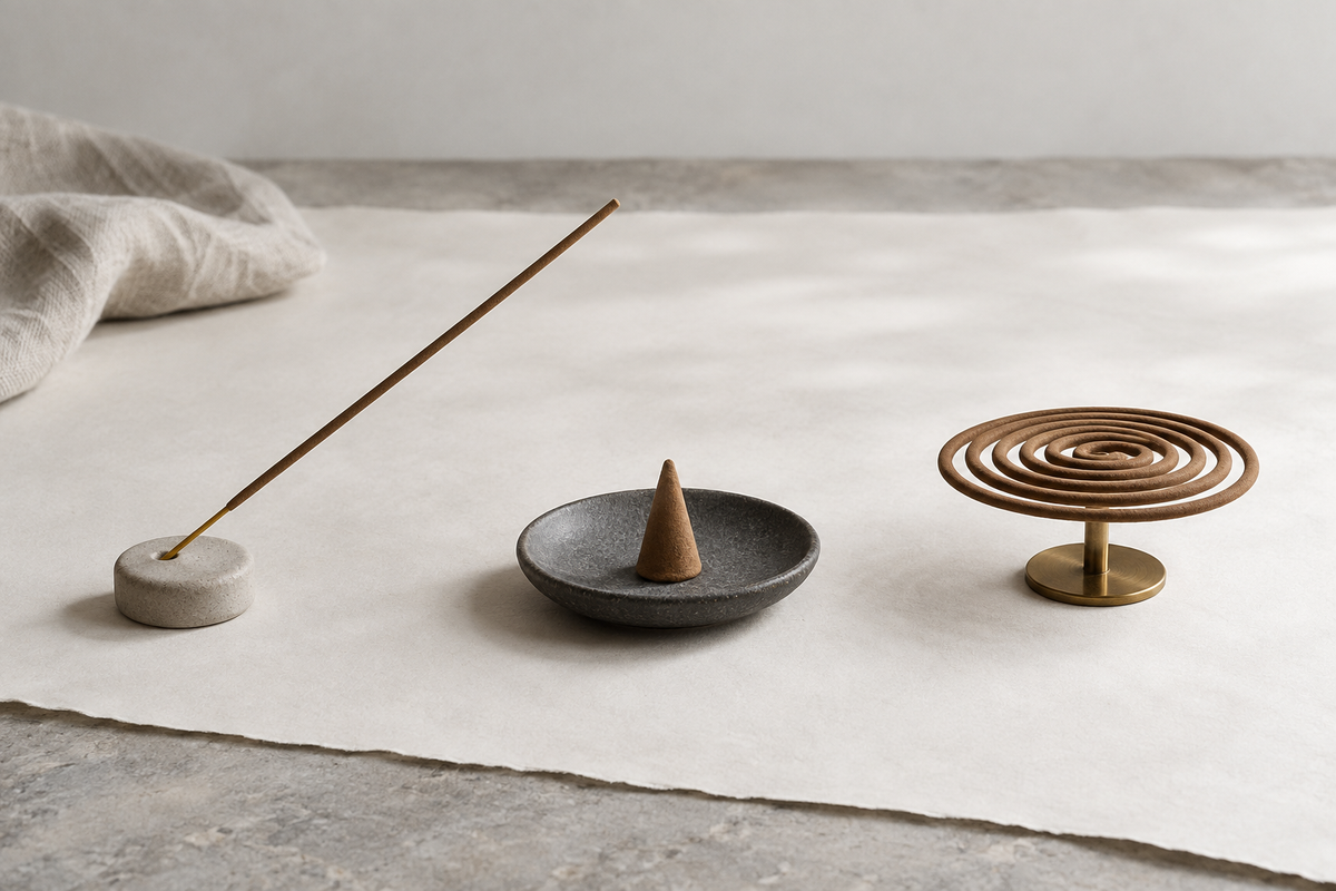 Incense sticks, cones and coils arranged for a clear format comparison