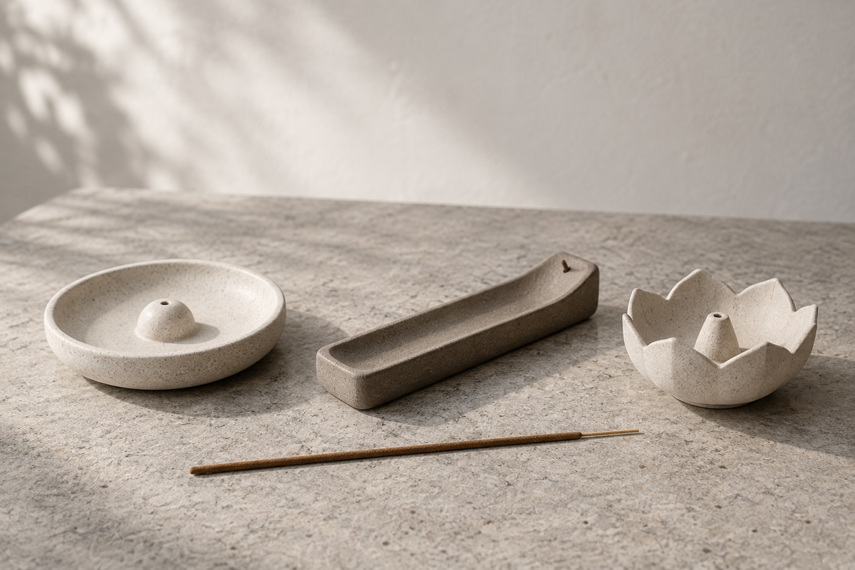 Incense holder shapes arranged to compare fit, stability and ash coverage