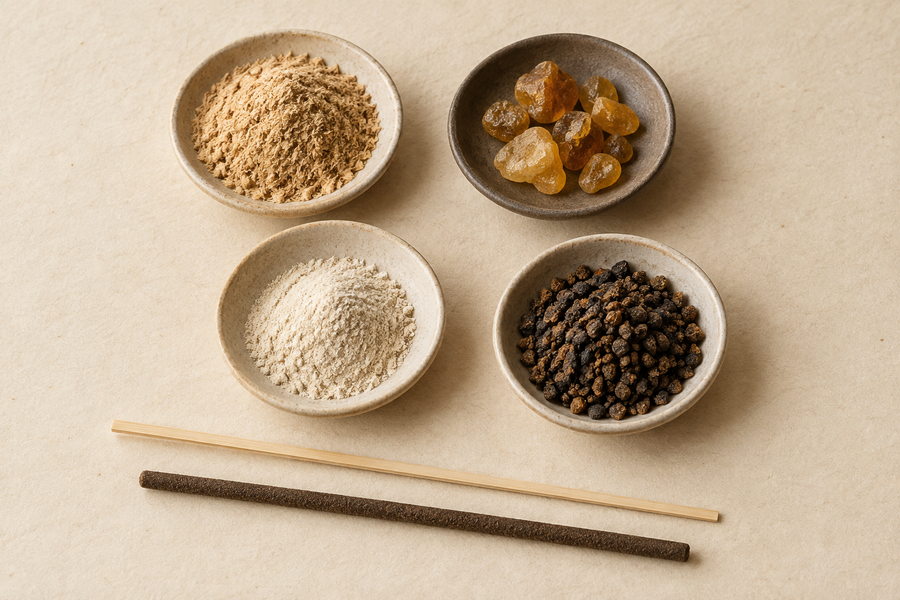 Woods, resins, binders and incense forms arranged as an editorial materials study
