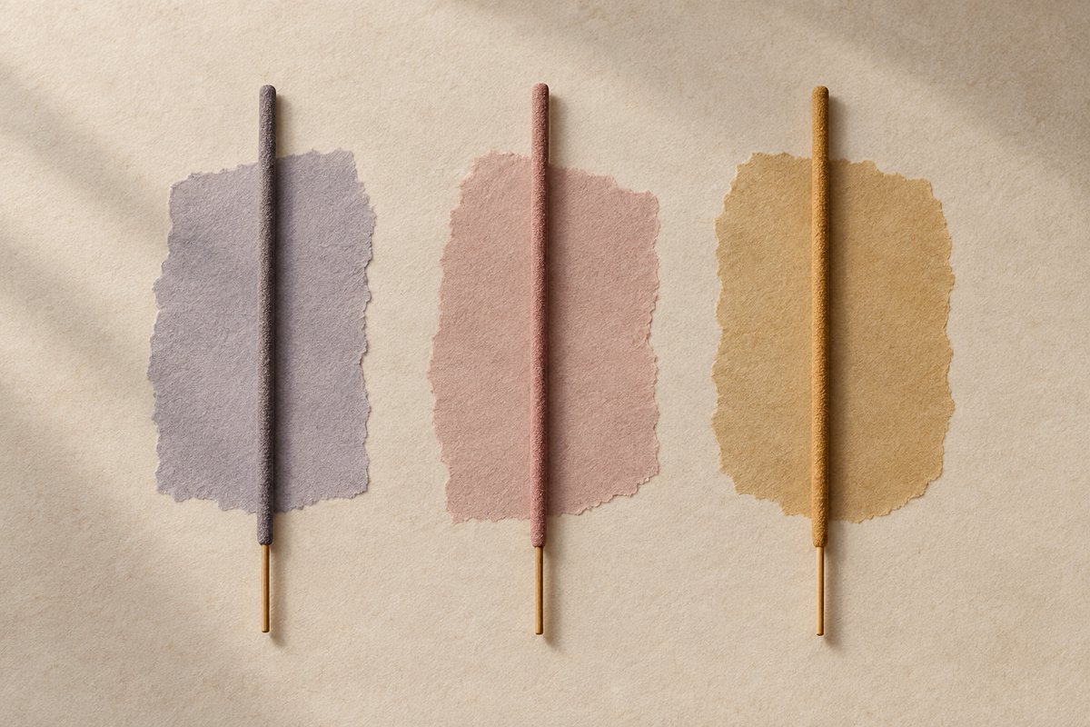 Lavender, rose and osmanthus incense directions arranged for comparison