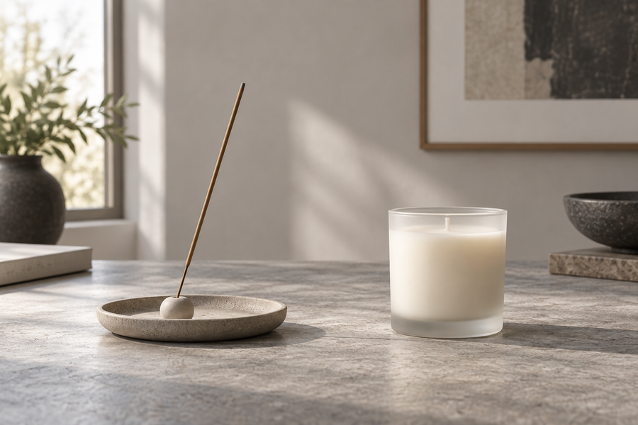 Incense and candle forms compared in a calm modern interior