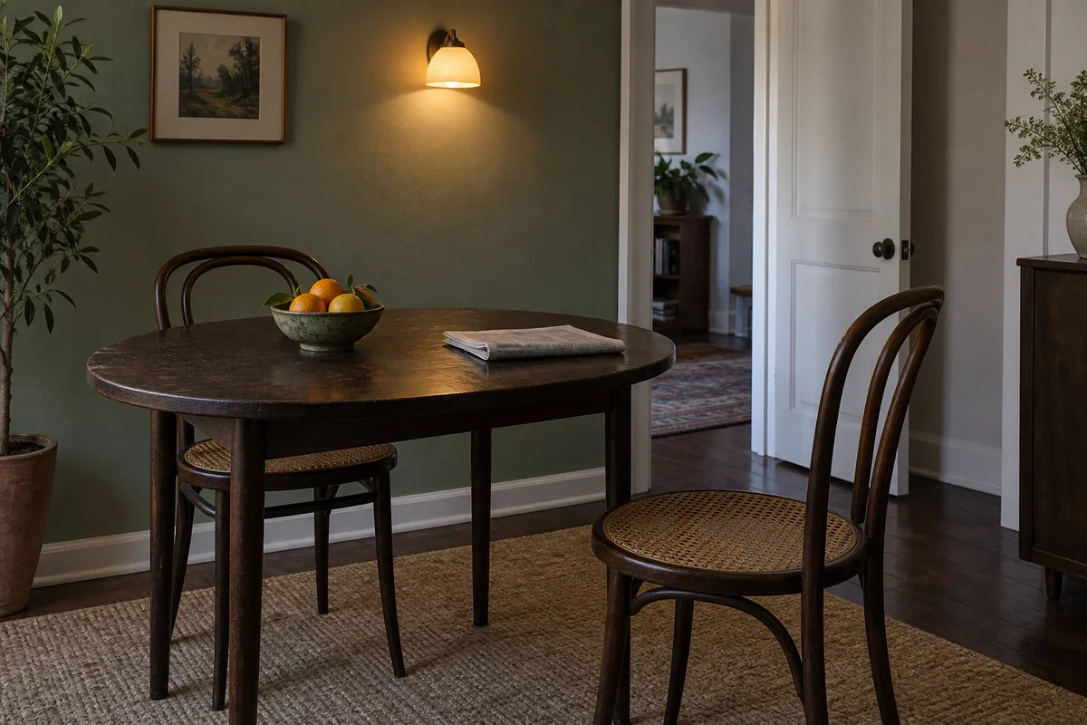 A turned dining chair, folded newspaper and open doorway in a quiet apartment