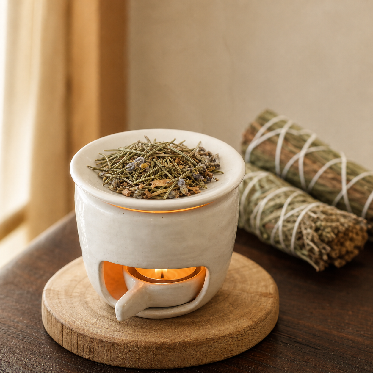 Botanical material warming in a white ritual vessel beside two tied bundles