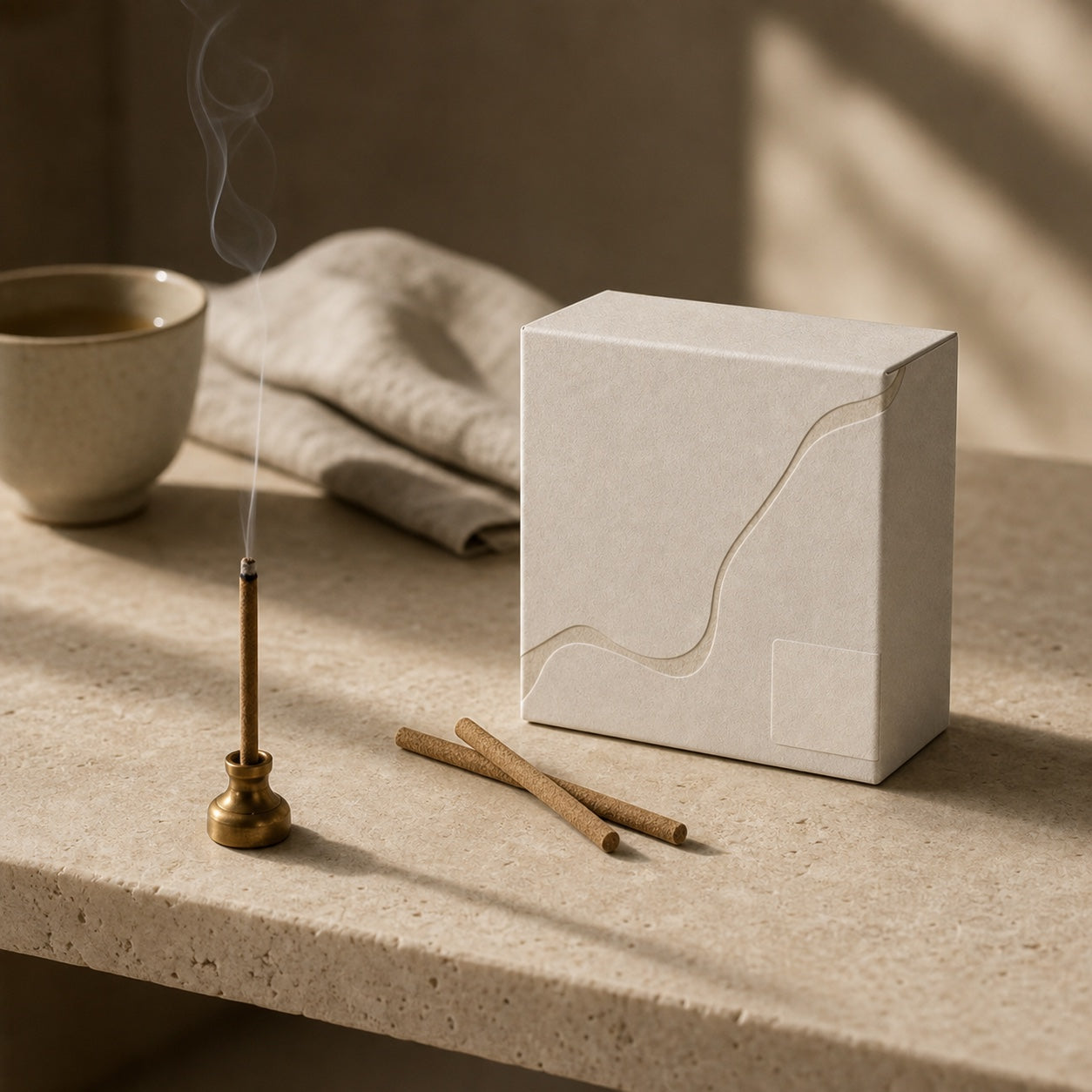 Unlabelled white incense box with brown incense sticks on a stone surface