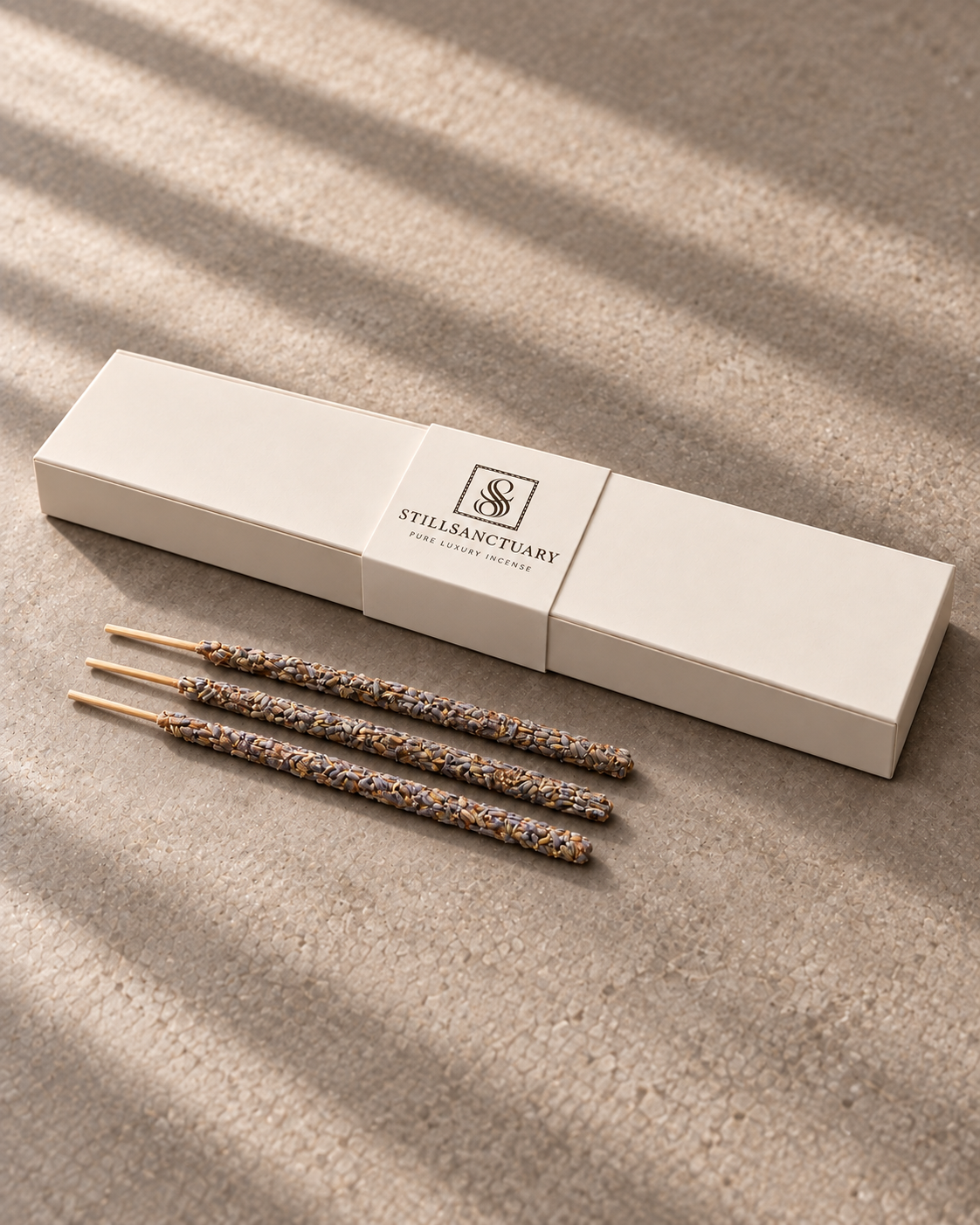 StillSanctuary lavender incense box with three representative sticks; six sticks per core box.