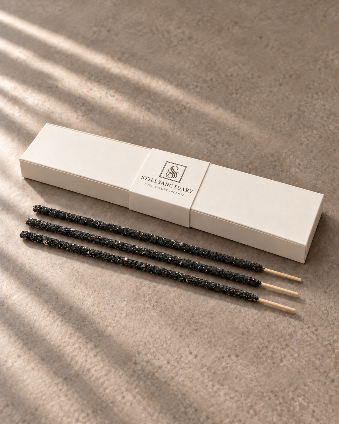 StillSanctuary yagra incense box with three representative sticks; six sticks per core box.