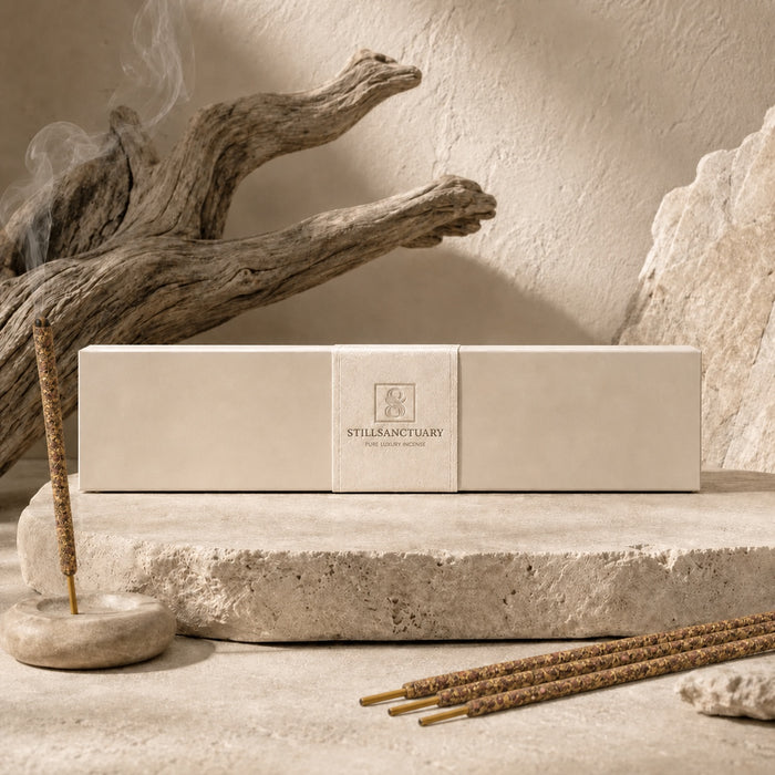 Equatorial Rose incense sticks beside a white Still Sanctuary box on a neutral stone surface