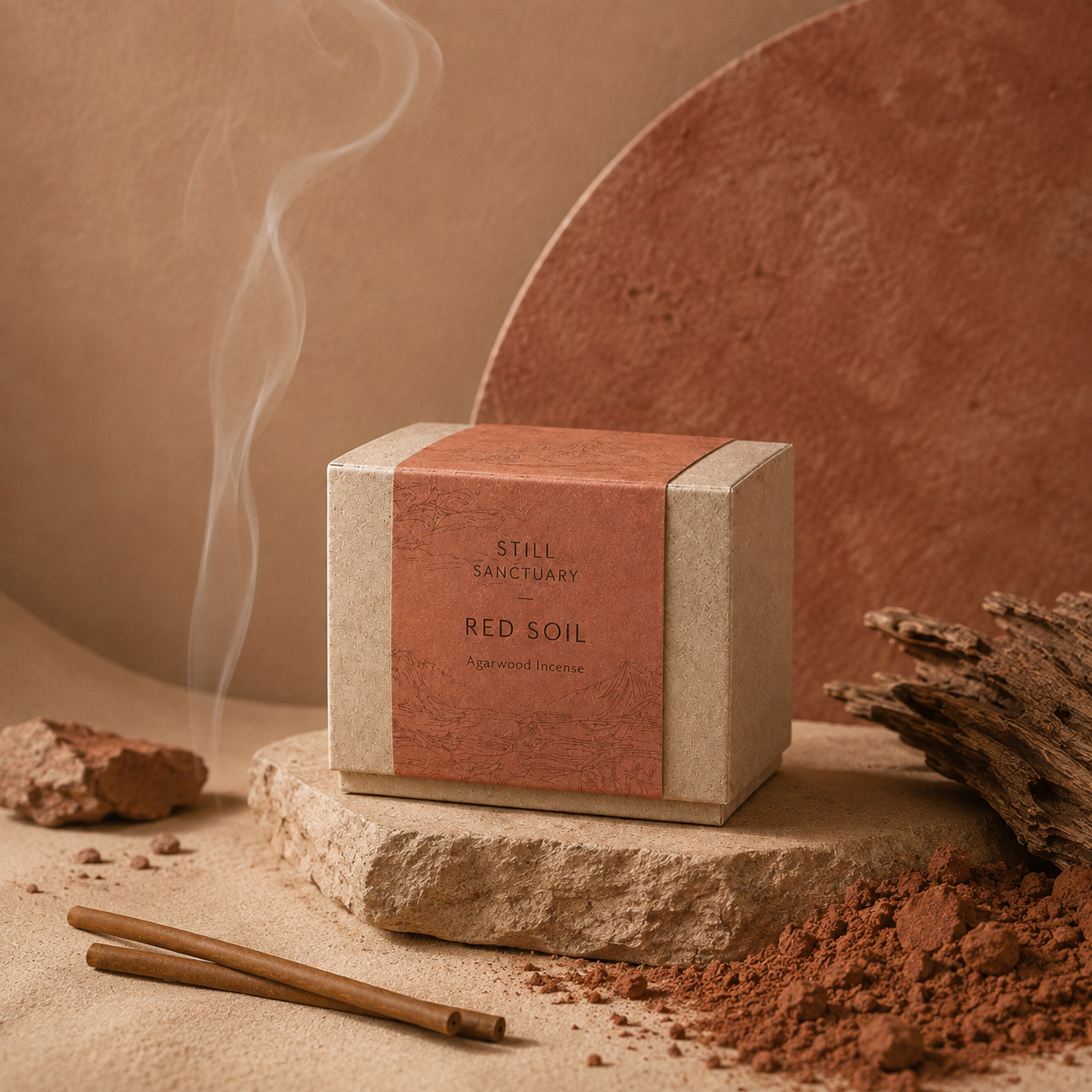 Fusen Red Soil Agarwood incense box in an abstract terracotta ritual scene with drifting smoke