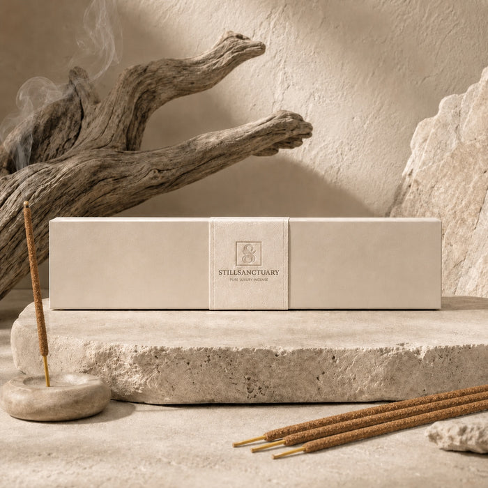 Golden Osmanthus incense sticks beside a white Still Sanctuary box on a neutral stone surface