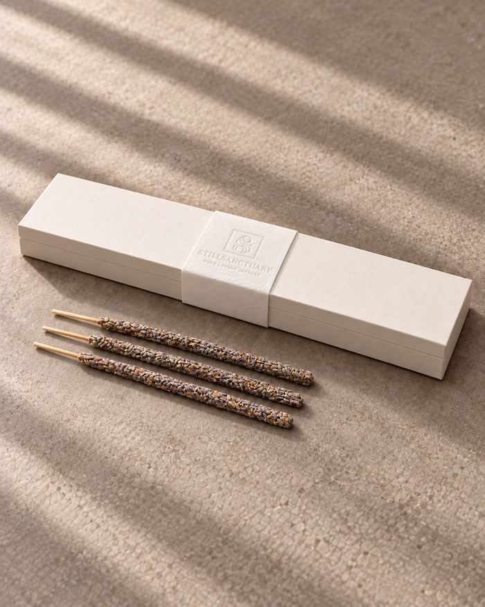 StillSanctuary lavender incense box with three representative sticks; six sticks per core box.