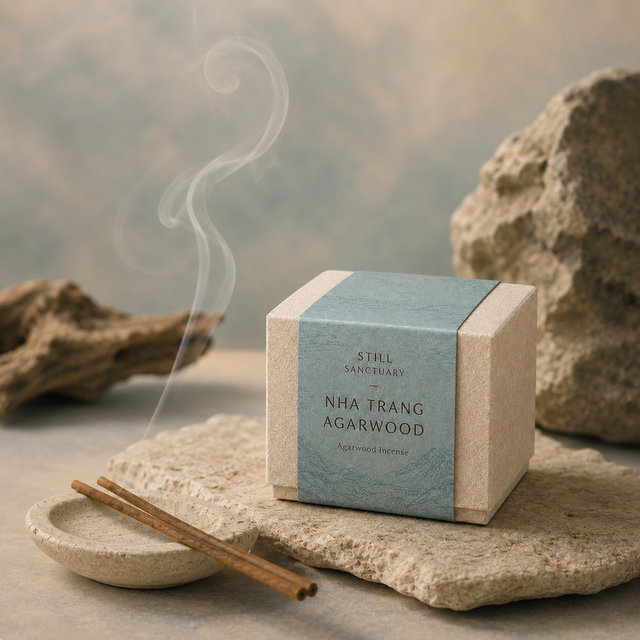 Nha Trang Agarwood incense box in an abstract stone landscape with soft blue-grey atmosphere and drifting smoke