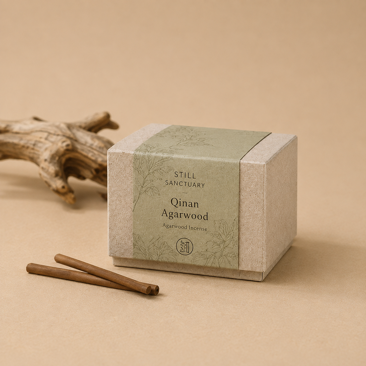 Qinan Agarwood incense box with two incense sticks and natural wood styling