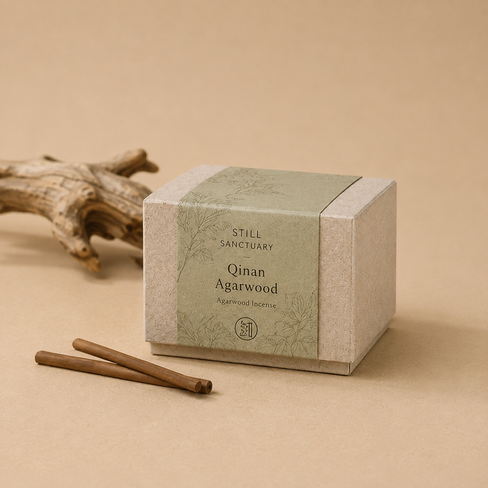 Qinan Agarwood incense box with two incense sticks and natural wood styling
