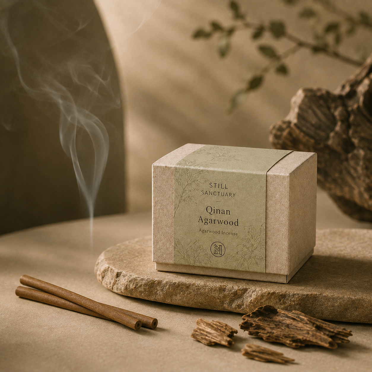 Qinan Agarwood incense box in an atmospheric ritual scene with drifting smoke and natural wood