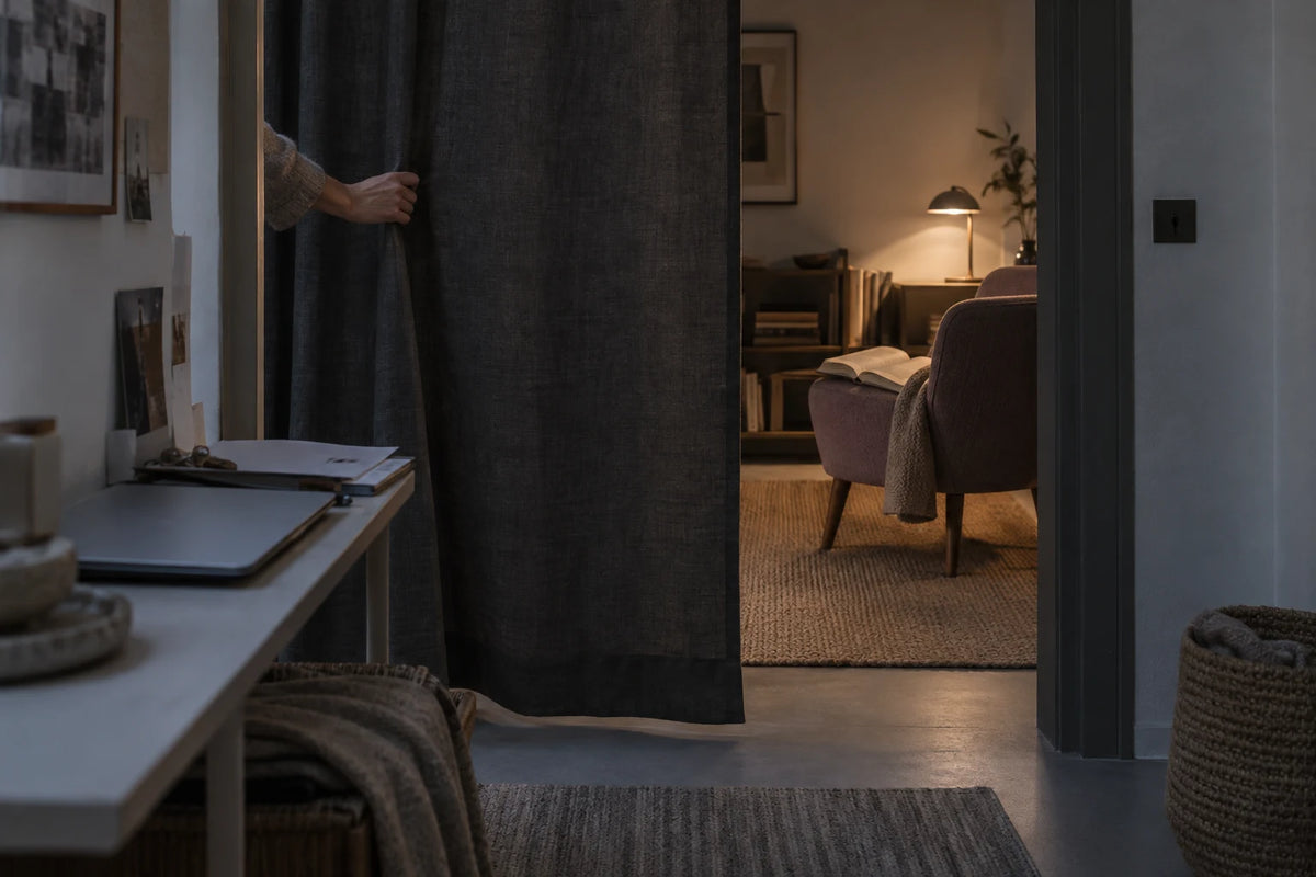 A hand draws a dark room divider between a work surface and a softly lit reading corner.