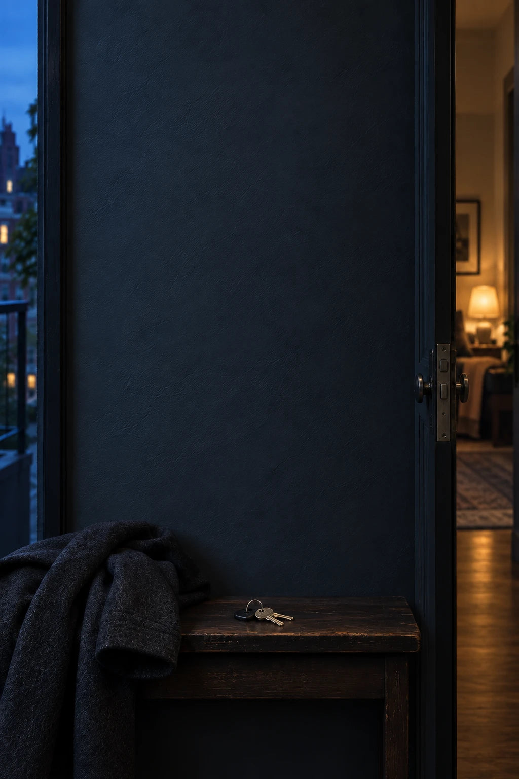 Keys and a wool coat set aside in a blue-grey apartment entry, between cool city light and a softly lit room.