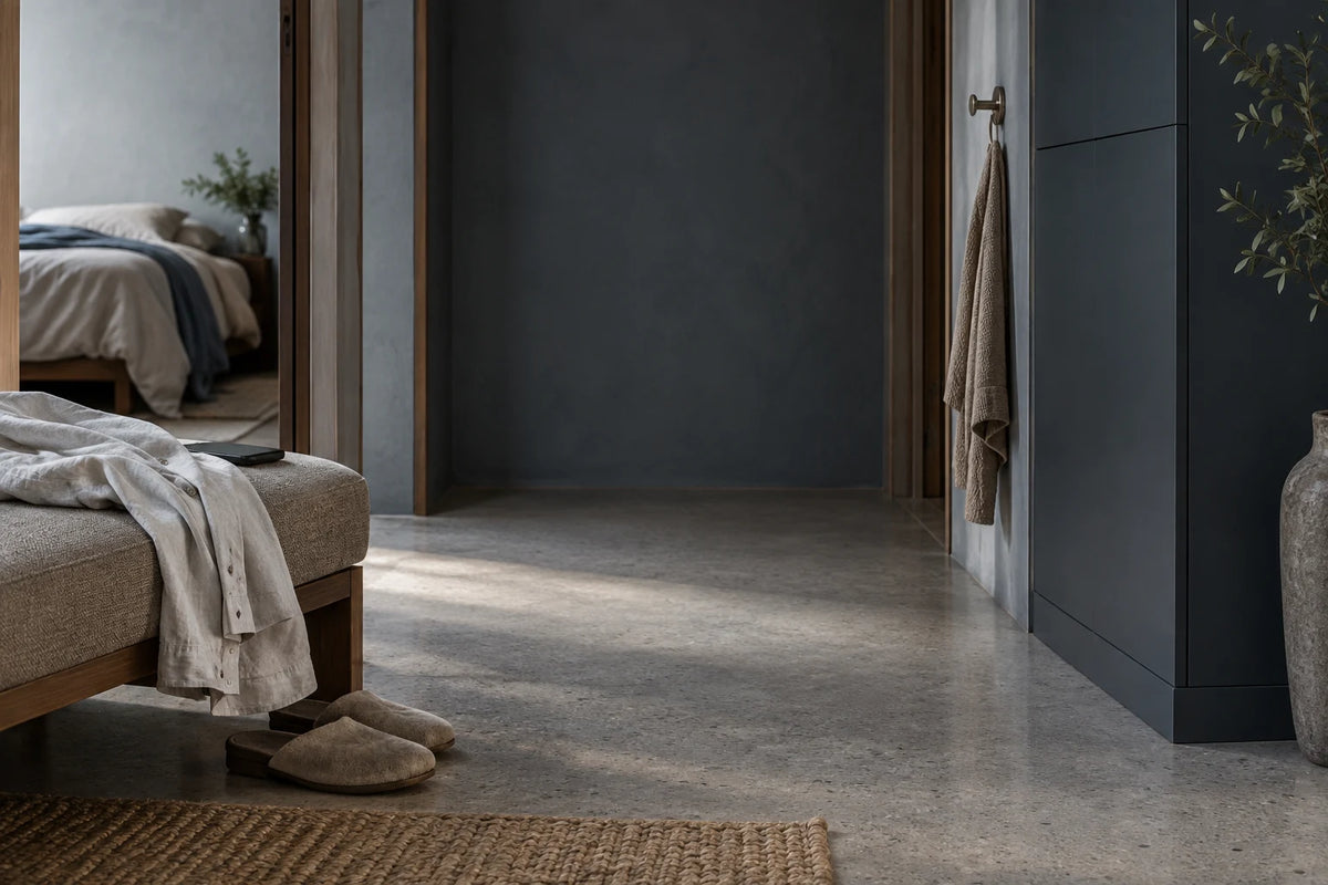 A morning hallway with a shirt set on a bench, slippers and a bedroom beyond.