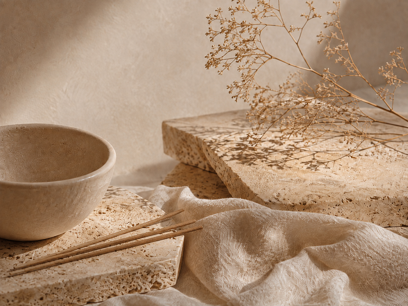 Warm neutral still life with stone, linen, dried botanicals and unlit incense sticks