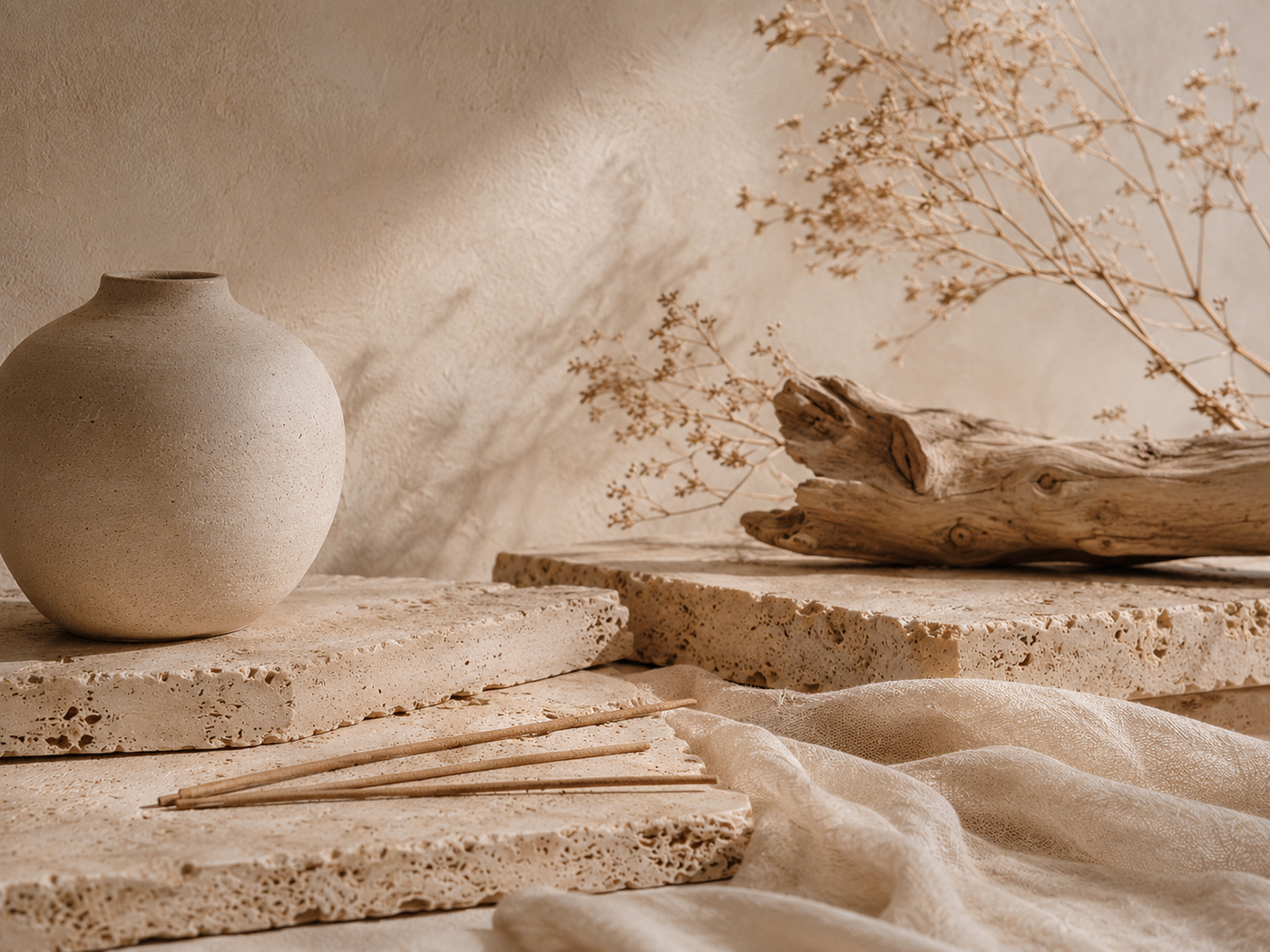 Warm beige still life with sculptural vase, driftwood, linen and unlit incense sticks
