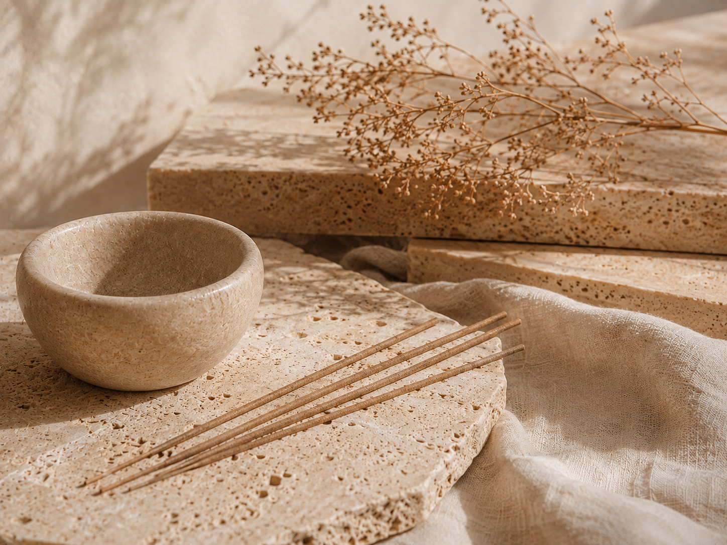 Sunlit neutral still life with stone, bowl, dried botanicals and unlit incense sticks