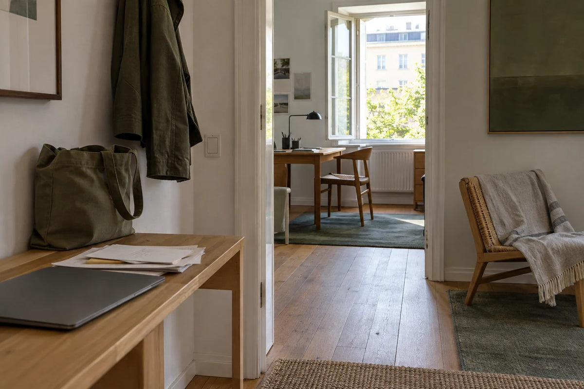A daylit room seen through a doorway, with work belongings near the entrance.