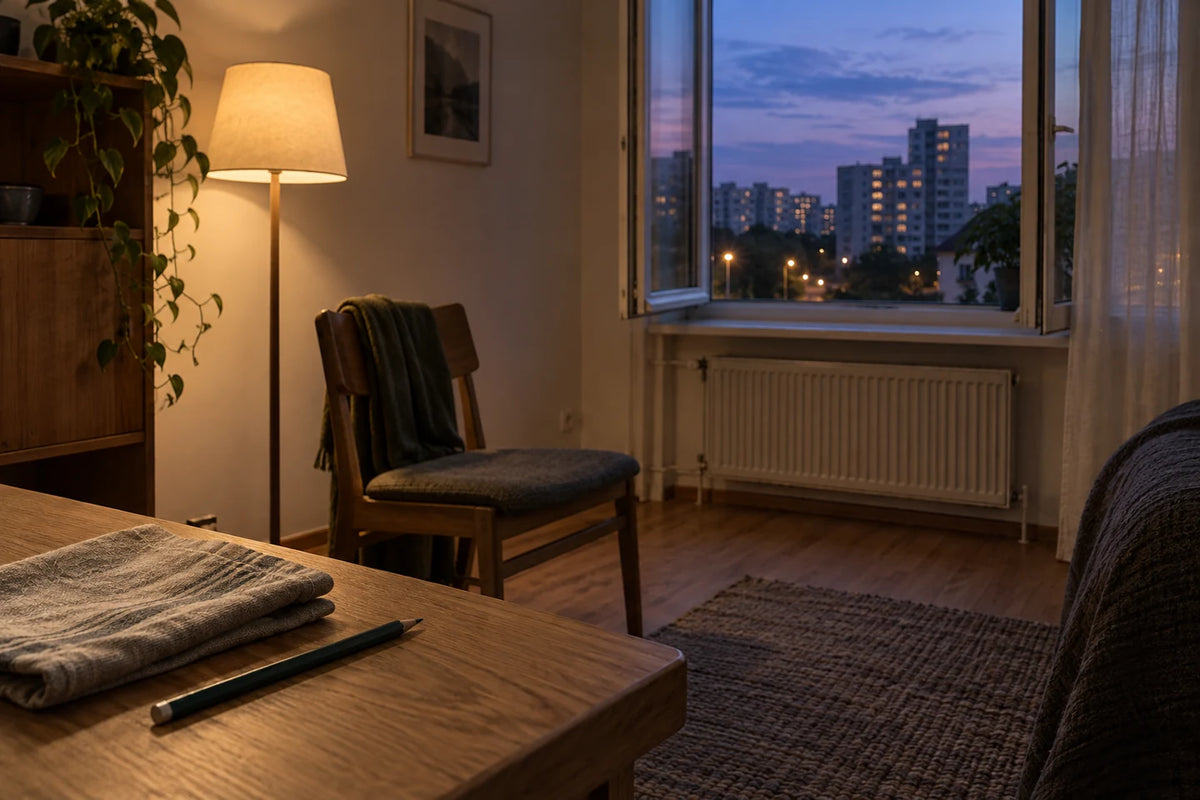 A quiet interior at dusk, with lamplight and distant city windows.