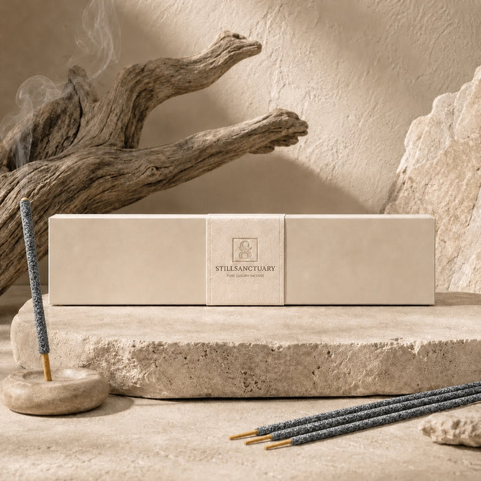 Sunlit Yagra incense sticks beside a white Still Sanctuary box on a neutral stone surface
