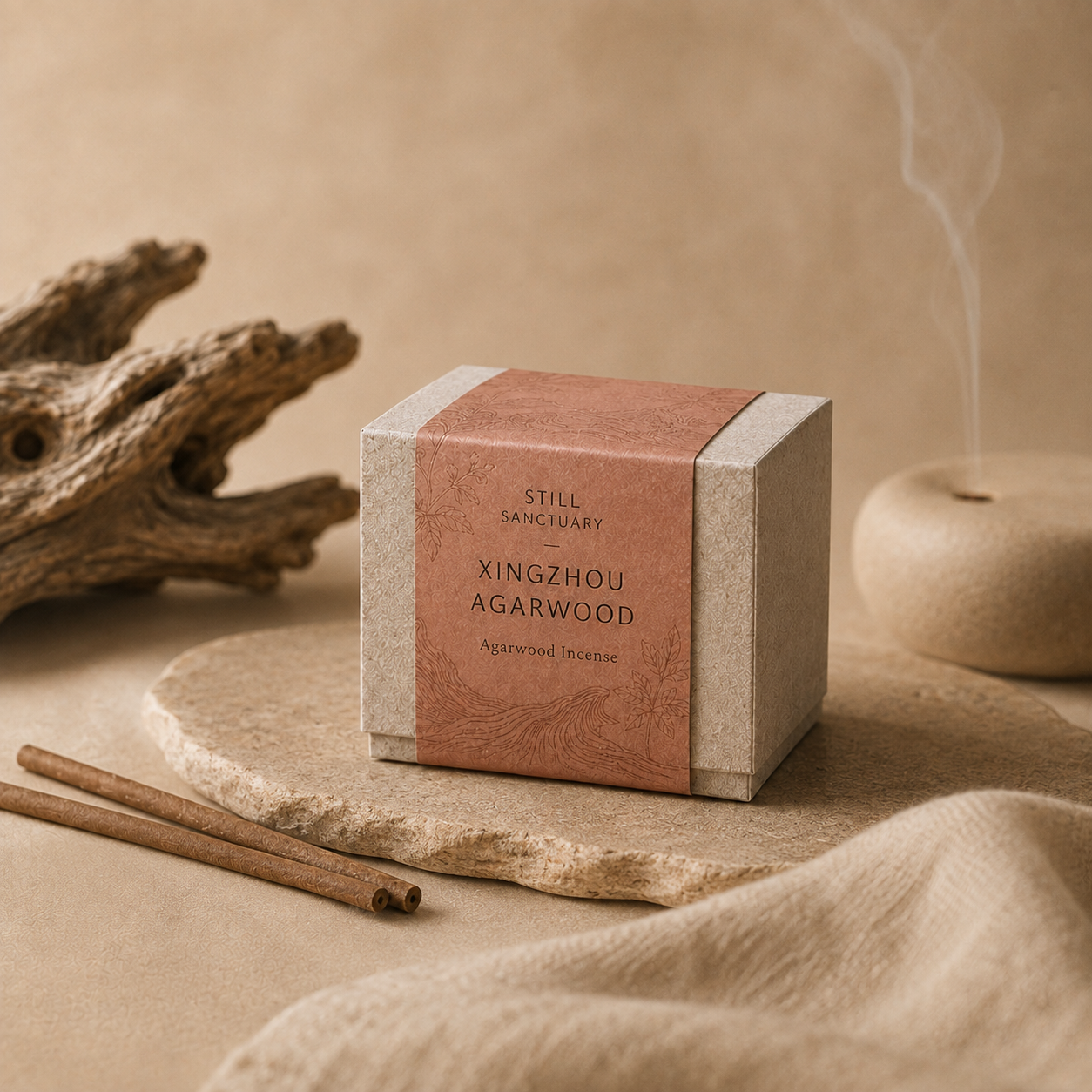 Xingzhou Agarwood incense box in a calm atmospheric scene with linen, stone and drifting smoke