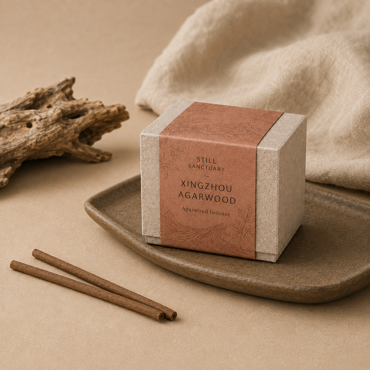 Xingzhou Agarwood incense box on a ceramic tray with incense sticks and natural wood styling