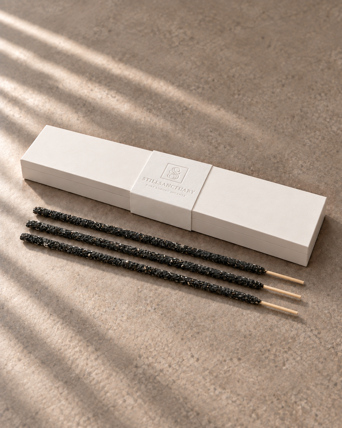 StillSanctuary yagra incense box with three representative sticks; six sticks per core box.